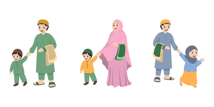 Muslim Kid Running Go to Mosque with Parent