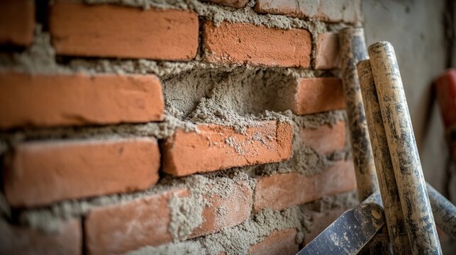 mortar. A stacked brick wall with fresh mortar, construction tools nearby, bathed in natural daylight. real-estate listings.