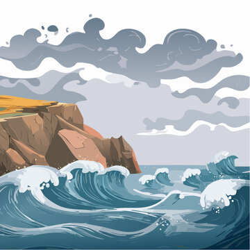 Eine dramatische, zerkl&uuml;ftete K&uuml;stenlandschaft mit rauen Felsen, gegen die gewaltige Wellen donnern. 