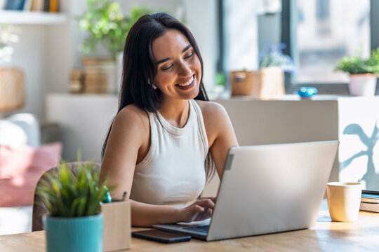 Smiling woman doing a videocall with laptop in the livingroom at home