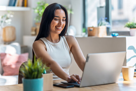 Smiling woman doing a videocall with laptop in the livingroom at home