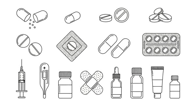Detailed black and white vector set showcasing various medical icons, including pills, capsules, blister packs, a syringe, thermometer, bandages, medication drops, ointment tubes, and medici