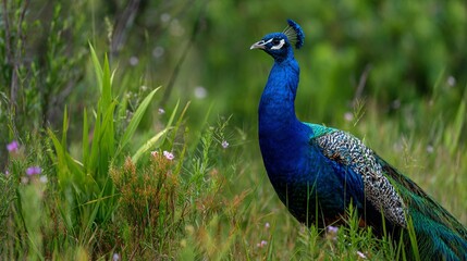Fototapeta premium Peacock standing in grassy field with natural vegetation
