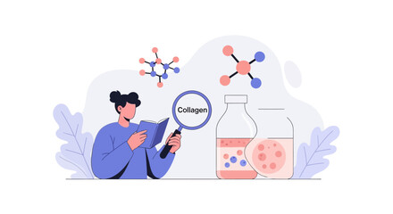 Obraz premium A woman researcher examining collagen molecules and beauty supplement bottles. EPS Editable. Vector Illustrations.