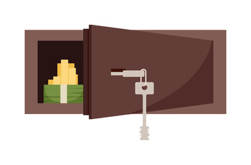 Secure open safe containing cash and gold coins with key on white isolated background vector illustration © Natalia