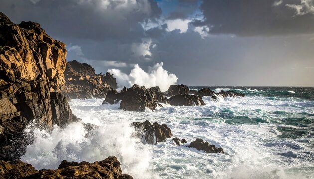 Eine dramatische, zerkl&uuml;ftete K&uuml;stenlandschaft mit rauen Felsen, gegen die gewaltige Wellen donnern. 