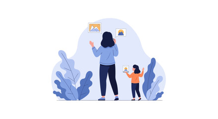 Obraz premium A woman and a young child interacting with floating digital interface elements. EPS Editable. Vector Illustrations.