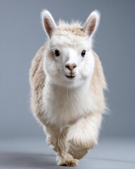 Fototapeta premium Cute furry young alpaca walk to you on gray background studio shot close-up