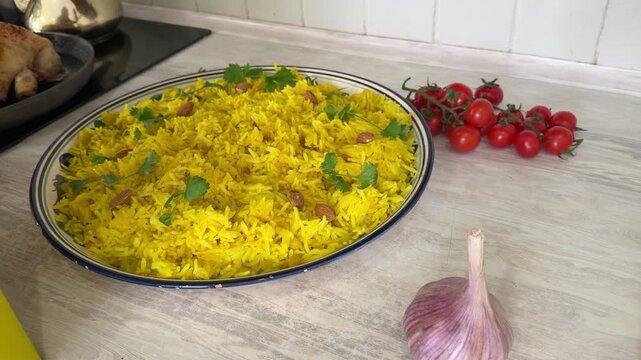 Womans hand adds almonds and fresh herbs to large platter of vibrant yellow rice. Beautifully prepared dish is ready to be served on kitchen counter with fresh vegetables