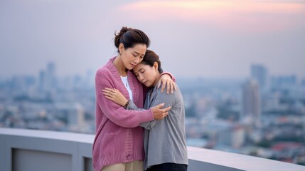 Fototapeta premium Two women share an intimate moment, embracing on a rooftop with a city skyline in the background during sunset, conveying warmth and connection.