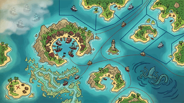 Fantasy pirate map vector, tropical island archipelago with ships, nautical game board world map
