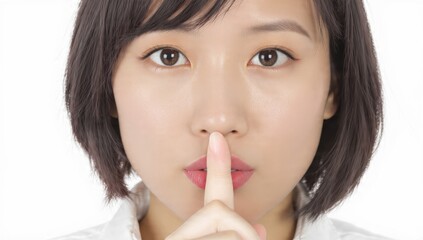Naklejka premium Young Asian Woman Making 'Shhh' Gesture, Requesting Silence and Secrecy with a Calm and Direct Expression on a White Background.
