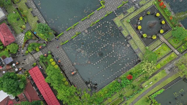 Tirta gangga water palace top down aerial view in bali