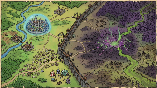 Fantasy world map, medieval kingdom and dark wasteland divided by wall, hand drawn game vector