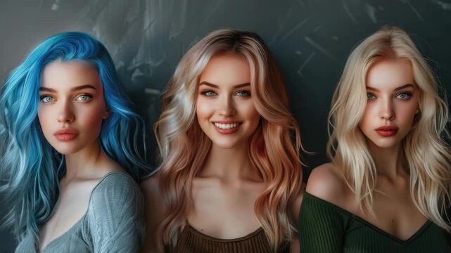 Group of young attractive females with vibrant blue and golden hair showcasing different personality and expression through happy smile and intense gaze in cinematic setting.