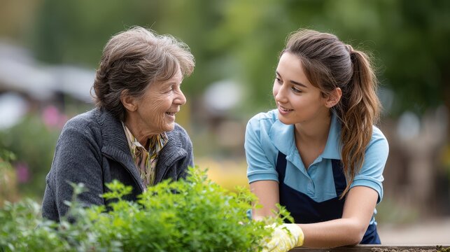 A joyful interaction between two women in a garden setting, sharing smiles and gardening tips amidst vibrant greenery.