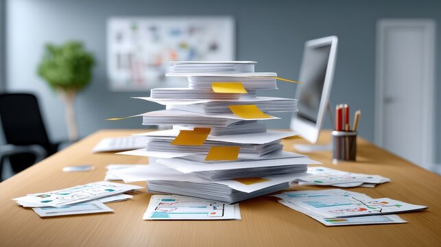 A disorganized stack of documents sits on a desk, with sticky notes peeking out, alongside a computer and stationery, conveying a busy office environment.