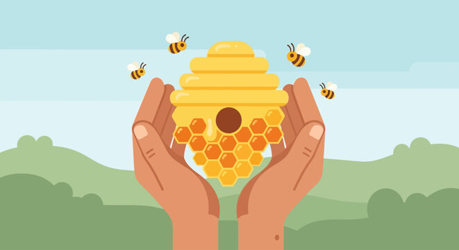 Hands cradling a vibrant beehive with bees buzzing around, symbolizing nature's bounty and pollination