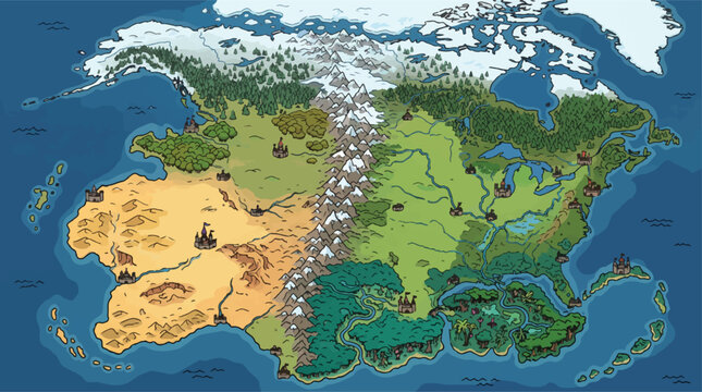 Fantasy world map vector, medieval continent illustration, tabletop gaming rpg landscape design