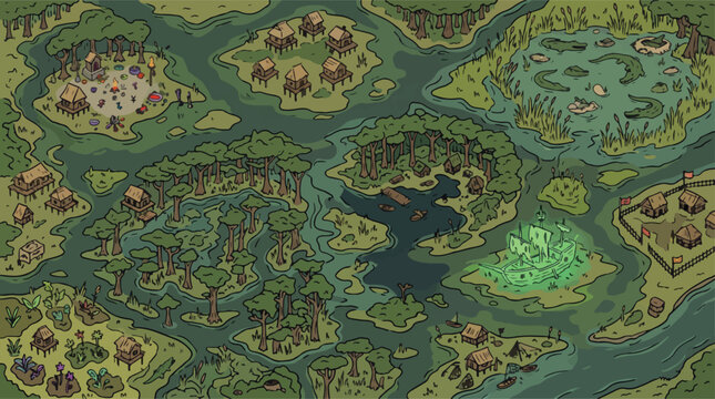 Fantasy swamp map vector, isometric marshland village, tabletop rpg game world background
