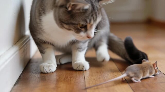 A curious tabby cat sits on a wooden floor and stares intently at a small mouse.