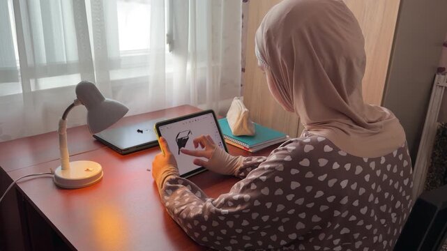 Young Muslim woman wearing a hijab sits at a desk and draws on a tablet. She is focused on her digital art, working in a comfortable home office setting with a lamp and natural light from a window