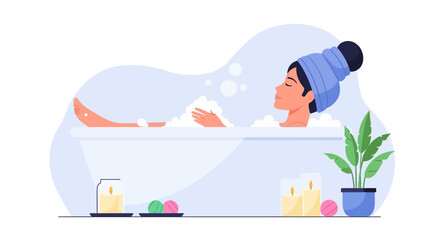 Obraz premium A young woman relaxing in a warm bubble bath at home. EPS Editable. Vector Illustrations.