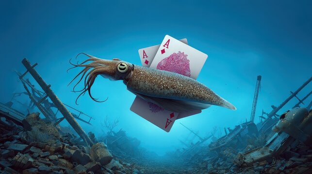 A surreal underwater scene featuring a squid holding playing cards amidst a sunken, wrecked environment.