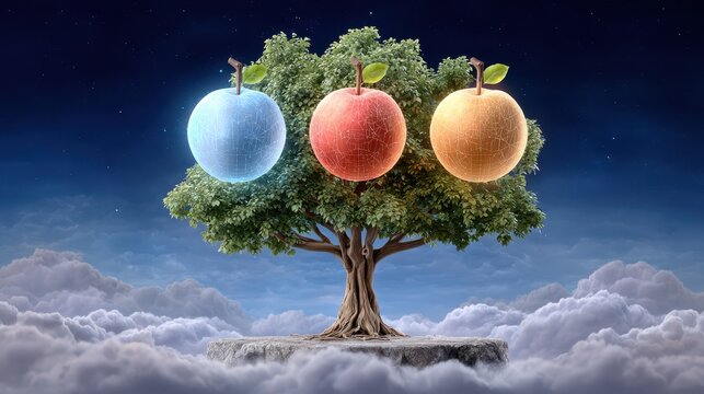 A surreal tree with three colorful, cracked apples floats above clouds under a starry sky, blending nature and fantasy.