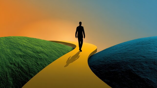 A silhouetted figure walks along a winding yellow path amidst green and blue hills, symbolizing journey and introspection against a vibrant background.