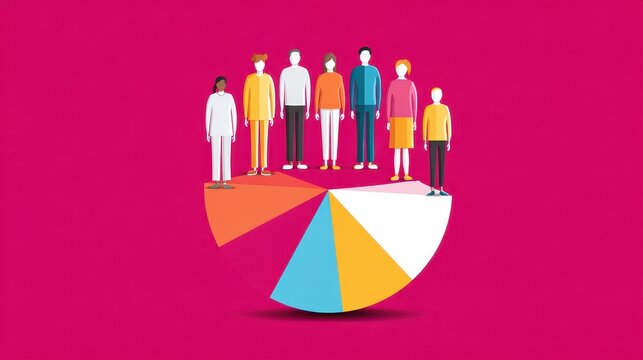 A colorful illustration showing diverse figures standing on a pie chart, representing data visualization and analysis in a vibrant, stylized manner.