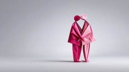 Two origami figures in pink embrace, symbolizing love and connection in a minimalist setting.