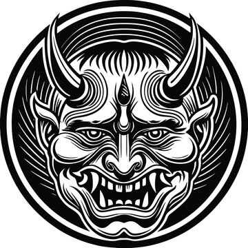 The intricate traditional depiction of a menacing onryō or vengeful spirit mask from Japanese folklore Vector, illustration