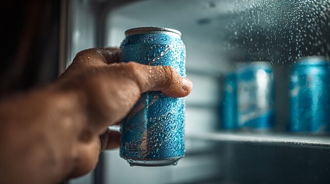 Person's hand gripping a chilled blue aluminum can covered in condensation, pulling it from a refrigerator shelf with more blurred cans in the background