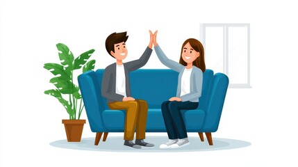 Obraz premium A cheerful illustration of a couple sitting on a couch, giving each other a high-five, surrounded by a plant and a bright window.
