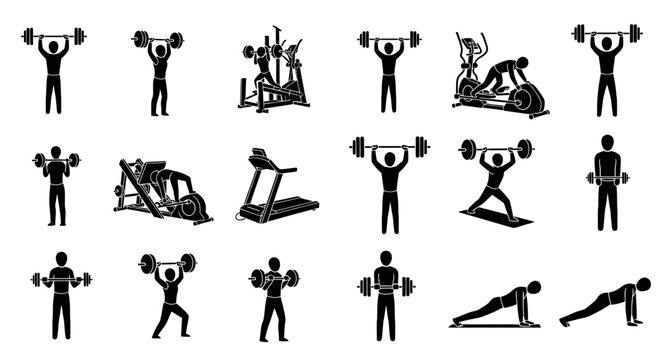 A comprehensive set of stylized monochrome icons depicting diverse physical activities and gym equipment, showcasing various exercises like weightlifting, cardio, and bodyweight training, em