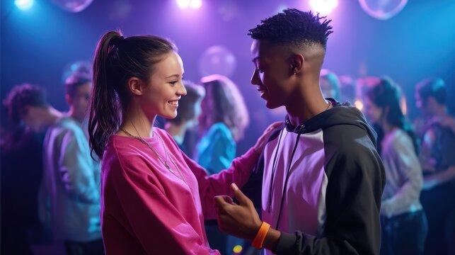 A young couple dances closely at a lively party, surrounded by colorful lights and smiling friends, capturing a moment of joy and connection.