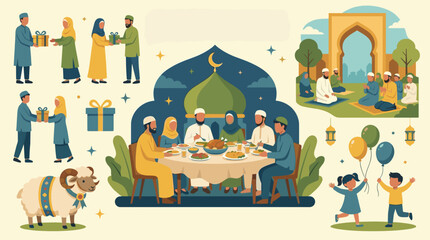 Fototapeta premium Festive Eid Al Adha activity vector illustration bundle featuring Muslim family dinner, outdoor prayer, gift exchange, sheep, and happy kids with balloons.