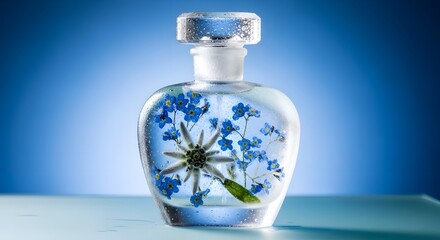 Obraz premium AI-generated luxury product art featuring a rounded crystal perfume bottle filled with blue wildflowers against a soft blue background. The unique bottle shape and floral interior create a distinctive