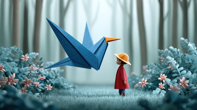 A child in a red coat stands in a mystical forest, gazing at a large blue origami crane amidst vibrant flowers and soft greenery.
