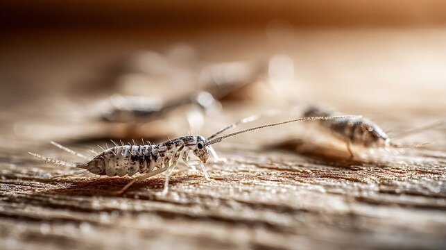 Silverfish insects - lepisma saccharina - crawling on a textured wooden surface, representing a common household pest and a potential infestation problem in close up detail