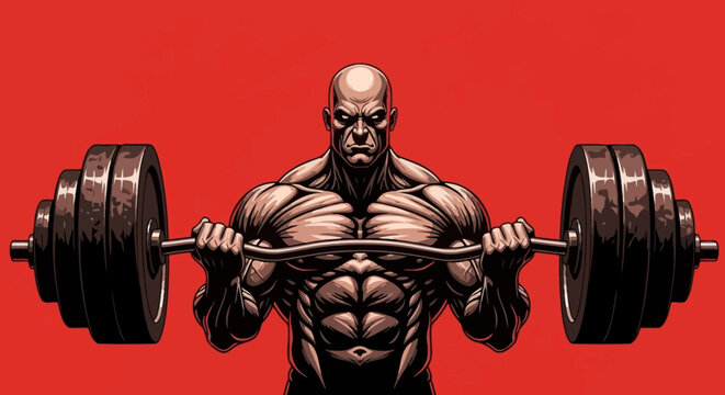 Intense bodybuilding athlete straining to lift a heavy barbell, showcasing muscular physique with dramatic lighting and comic book style on a vibrant red backdrop for fitness and strength th