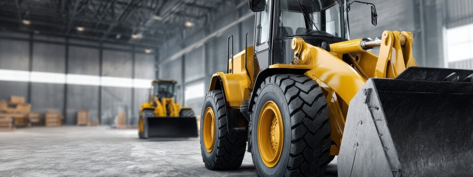 Heavy-duty front loader parked inside a spacious industrial warehouse setting