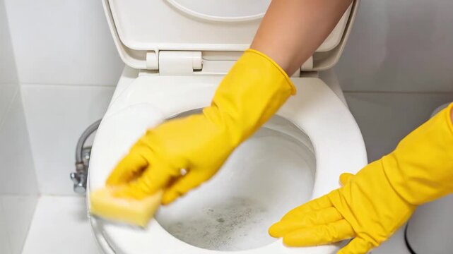 Hands in yellow gloves scrubbing a toilet bowl with a sponge and soap for hygiene and cleanliness.