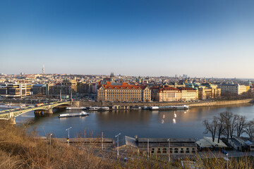 Obraz premium scenic view of the Old Town pier architecture and Charles Bridge over Vltava river in Prague Czech Republic. Prague iconic Charles Bridge (Karluv Most) and Old Town Bridge Tower