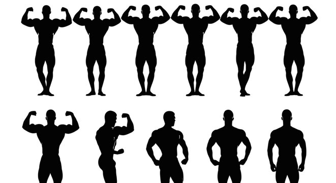A striking monochromatic collection of athletic bodybuilding silhouettes in various flex poses, exhibiting strength and physique with meticulous detail, against a clean white backdrop, captu