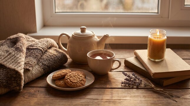 Cozy Tea Time Setup with Warm Lighting