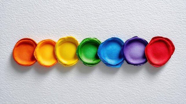 Colorful paint caps arranged in a horizontal line, showcasing a vibrant spectrum from red to purple against a white background.