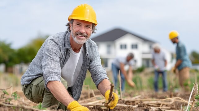 A smiling man in a hard hat works in a field, planting while others assist in the background, showcasing teamwork and agricultural effort.