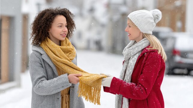 Two women exchange a scarf in a snowy street, showcasing friendship and warmth amidst a winter landscape.